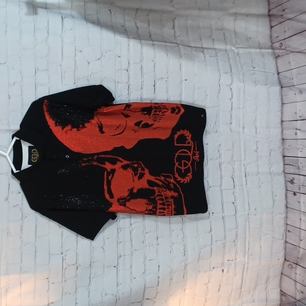 GOLD Leaf Mens‎ Bling Black & Red   Skull Cotton Shirt M   New